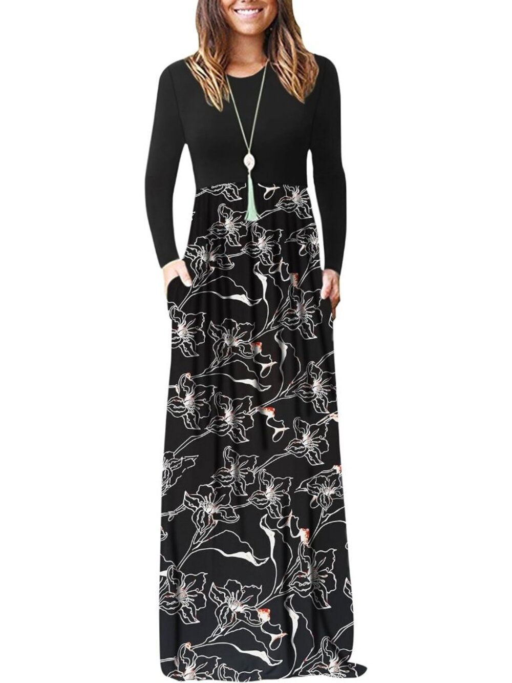 Women's Night Silhouette Crew Neck Long Sleeve Pull On Soft Pockets Maxi Dresses